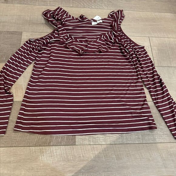 August Mist Burgundy White Striped Cold Shoulder Ruffle Knit Top L - Picture 2 of 9